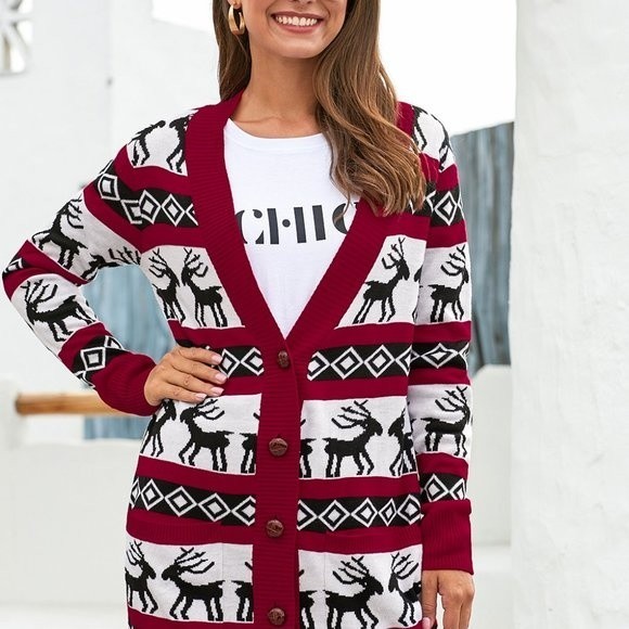 Red Christmas Elk Print Buttoned V Neck Knitted Sweater - Picture 7 of 11